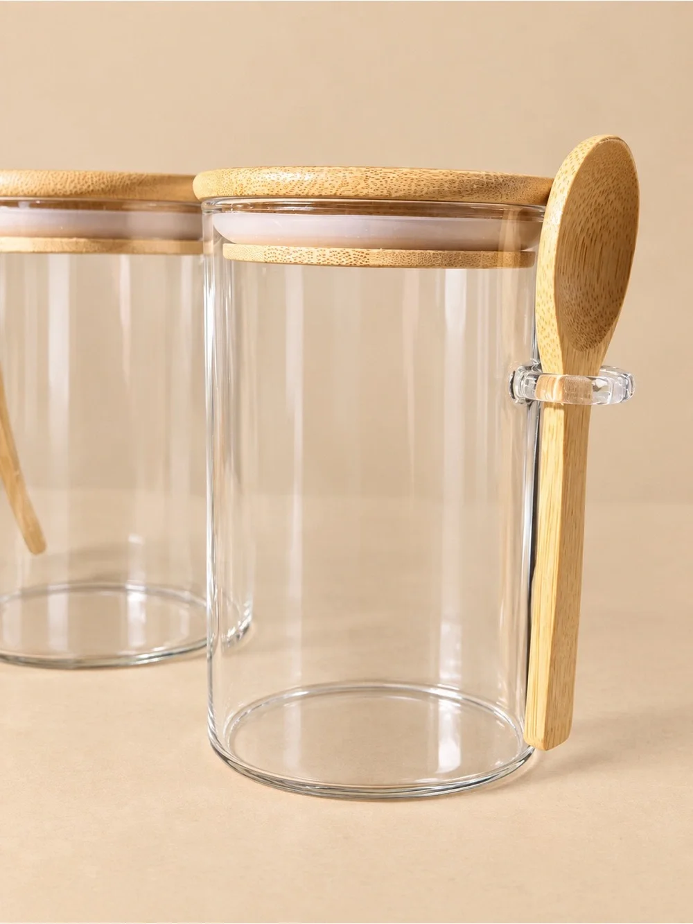 Clear Glass Storage Jars with Bamboo Lids and Spoons - Natural Set of 4